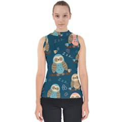 Seamless Pattern Owls Dreaming Mock Neck Shell Top by Apen