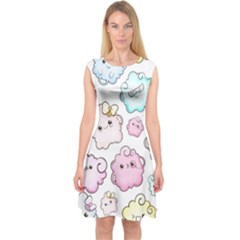 Cute Doodle Cartoon Seamless Pattern Capsleeve Midi Dress by Apen