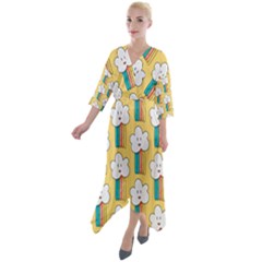 Smile Cloud Rainbow Pattern Yellow Quarter Sleeve Wrap Front Maxi Dress by Apen