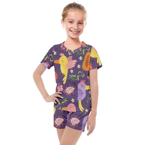 Exotic Seamless Pattern With Parrots Fruits Kids  Mesh T-shirt And Shorts Set by Ravend