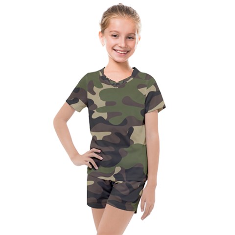 Texture Military Camouflage Repeats Seamless Army Green Hunting Kids  Mesh T-shirt And Shorts Set by Ravend