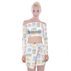Cute Cat Colorful Cartoon Doodle Seamless Pattern Off Shoulder Top With Mini Skirt Set by Ravend