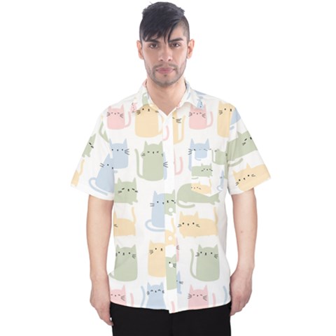 Cute Cat Colorful Cartoon Doodle Seamless Pattern Men s Hawaii Shirt by Ravend