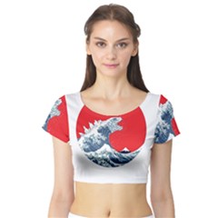 The Great Wave Of Kaiju Short Sleeve Crop Top by Cendanart