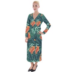 Green Tropical Leaves Velvet Maxi Wrap Dress by Jack14