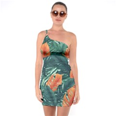 Green Tropical Leaves One Shoulder Ring Trim Bodycon Dress by Jack14