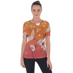 Japanese Crane Painting Of Birds Shoulder Cut Out Short Sleeve Top by Cendanart