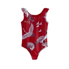 Japanese Crane Bird Art Kids  Frill Swimsuit by Cendanart