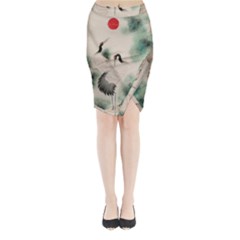 Japanese Crane Painting Of Bird Midi Wrap Pencil Skirt by Cendanart