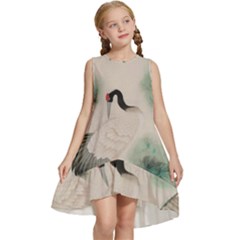 Japanese Crane Painting Of Bird Kids  Frill Swing Dress by Cendanart