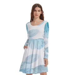 Blue-flower Long Sleeve Knee Length Skater Dress With Pockets by saad11