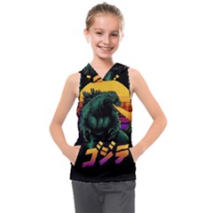 Godzilla Retrowave Kids  Sleeveless Hoodie by Cendanart