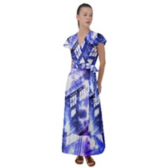 Tardis Doctor Who Blue Travel Machine Flutter Sleeve Maxi Dress by Cendanart