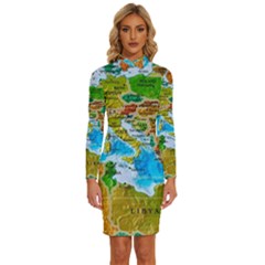 World Map Long Sleeve Shirt Collar Bodycon Dress by Ket1n9