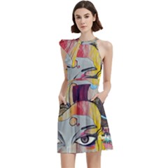 Graffiti Mural Street Art Painting Cocktail Party Halter Sleeveless Dress With Pockets by Ket1n9