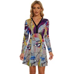 Graffiti Mural Street Art Painting Long Sleeve Deep V Mini Dress  by Ket1n9