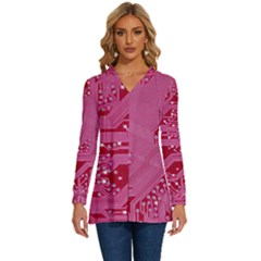 Pink Circuit Pattern Long Sleeve Drawstring Hooded Top by Ket1n9