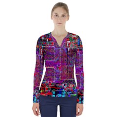 Technology Circuit Board Layout Pattern V-neck Long Sleeve Top by Ket1n9