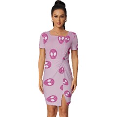 Alien Pattern Pink Fitted Knot Split End Bodycon Dress by Ket1n9