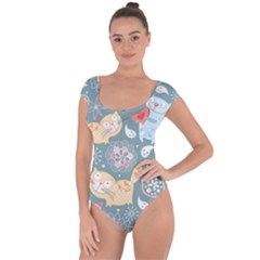 Cute Cat Background Pattern Short Sleeve Leotard  by Ket1n9