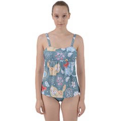 Cute Cat Background Pattern Twist Front Tankini Set by Ket1n9