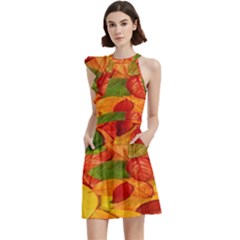 Leaves Texture Cocktail Party Halter Sleeveless Dress With Pockets by Ket1n9