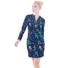 Colorful Funny Christmas Pattern Button Long Sleeve Dress by Ket1n9