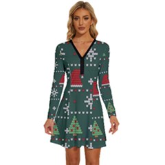 Beautiful Knitted Christmas Pattern Long Sleeve Deep V Mini Dress  by Ket1n9