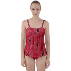 Red Peacock Floral Embroidered Long Qipao Traditional Chinese Cheongsam Mandarin Twist Front Tankini Set by Ket1n9