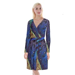 Peacock Feather Retina Mac Long Sleeve Velvet Front Wrap Dress by Ket1n9