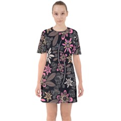 Flower Art Pattern Sixties Short Sleeve Mini Dress by Ket1n9