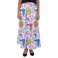 Seamless Pattern With Many Funny Cute Superhero Dinosaurs T-rex Mask Cloak With Comics Style Inscrip Flared Maxi Skirt by Ket1n9