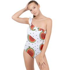 Seamless Background Pattern-with-watermelon Slices Frilly One Shoulder Swimsuit by Ket1n9