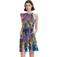 Abstract Vibrant Colour Cityscape Cocktail Party Halter Sleeveless Dress With Pockets by Ket1n9