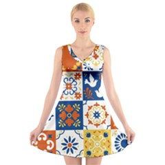 Mexican Talavera Pattern Ceramic Tiles With Flower Leaves Bird Ornaments Traditional Majolica Style V-neck Sleeveless Dress by Ket1n9