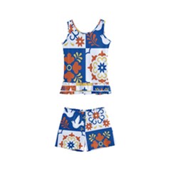 Mexican Talavera Pattern Ceramic Tiles With Flower Leaves Bird Ornaments Traditional Majolica Style Kids  Boyleg Swimsuit by Ket1n9