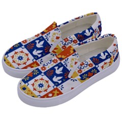 Mexican Talavera Pattern Ceramic Tiles With Flower Leaves Bird Ornaments Traditional Majolica Style Kids  Canvas Slip Ons by Ket1n9