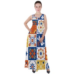 Mexican Talavera Pattern Ceramic Tiles With Flower Leaves Bird Ornaments Traditional Majolica Style Empire Waist Velour Maxi Dress by Ket1n9