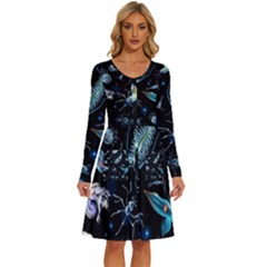 Colorful Abstract Pattern Consisting Glowing Lights Luminescent Images Marine Plankton Dark Backgrou Long Sleeve Dress With Pocket by Ket1n9