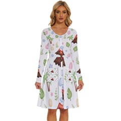 Cute Palm Volcano Seamless Pattern Long Sleeve Dress With Pocket by Ket1n9