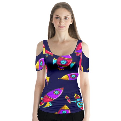 Space Patterns Butterfly Sleeve Cutout T-shirt  by Hannah976