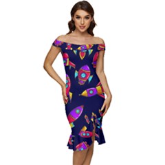 Space Patterns Off Shoulder Ruffle Split Hem Bodycon Dress by Hannah976