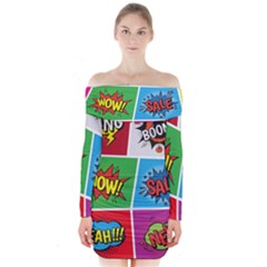 Pop Art Comic Vector Speech Cartoon Bubbles Popart Style With Humor Text Boom Bang Bubbling Expressi Long Sleeve Off Shoulder Dress by Hannah976