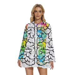 Brain Mind Psychology Idea Drawing Round Neck Long Sleeve Bohemian Style Chiffon Mini Dress by Ndabl3x