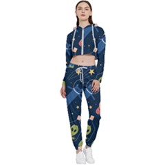 Seamless Pattern With Funny Alien Cat Galaxy Cropped Zip Up Lounge Set by Ndabl3x