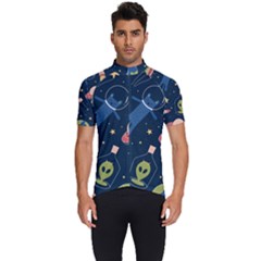 Seamless Pattern With Funny Alien Cat Galaxy Men s Short Sleeve Cycling Jersey by Ndabl3x