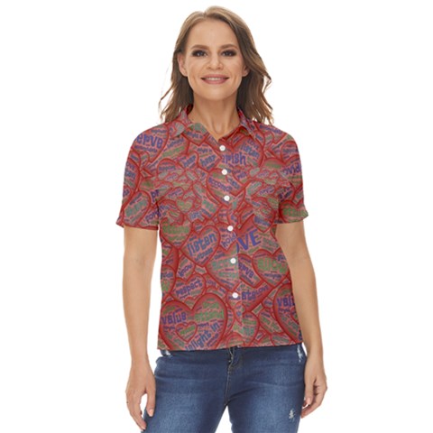 Love Hearts Valentines Connection Women s Short Sleeve Double Pocket Shirt by Paksenen