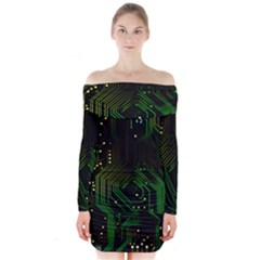 Circuits Circuit Board Green Technology Long Sleeve Off Shoulder Dress by Ndabl3x