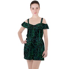 Circuits Circuit Board Green Ruffle Cut Out Chiffon Playsuit by Ndabl3x