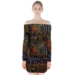 Circuits Circuit Board Orange Technology Long Sleeve Off Shoulder Dress by Ndabl3x